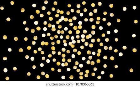 Big Gold Confetti. Festive Texture with Tinsels on Black Background. Dark Luxury Pattern for Christmas and New Year Decoration, Birthday Invitation, Poster or Greeting Card. Vector Gold Confetti.