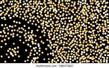 Big Gold Confetti. Festive Texture with Tinsels on Black Background. Dark Luxury Pattern for Christmas and New Year Decoration, Birthday Invitation, Poster or Greeting Card. Vector Gold Confetti.