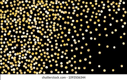 Big Gold Confetti. Festive Texture with Tinsels on Black Background. Dark Luxury Pattern for Christmas and New Year Decoration, Birthday Invitation, Poster or Greeting Card. Vector Gold Confetti.