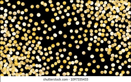 Big Gold Confetti. Festive Texture with Tinsels on Black Background. Dark Luxury Pattern for Christmas and New Year Decoration, Birthday Invitation, Poster or Greeting Card. Vector Gold Confetti.