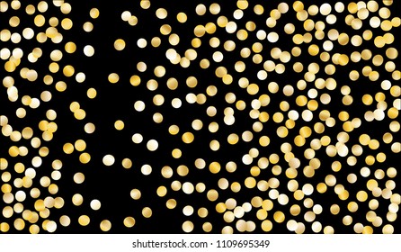 Big Gold Confetti. Festive Texture with Sparkles on Black Background. Dark Luxury Pattern for Christmas and New Year Decoration, Birthday Invitation, Poster or Greeting Card. Vector Gold Confetti.