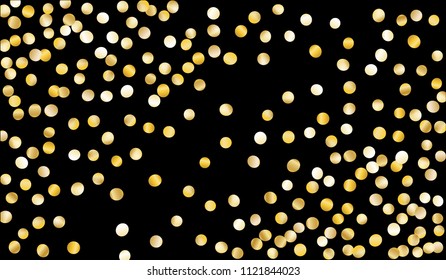 Big Gold Confetti. Festive Texture with Sparkles on Black Background. Dark Luxury Pattern for Christmas and New Year Decoration, Birthday Invitation, Poster or Greeting Card. Vector Gold Confetti.