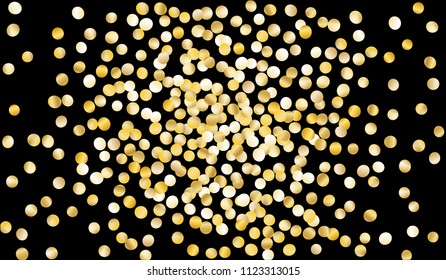 Big Gold Confetti. Festive Texture with Sparkles on Black Background. Dark Luxury Pattern for Christmas and New Year Decoration, Birthday Invitation, Poster or Greeting Card. Vector Gold Confetti.