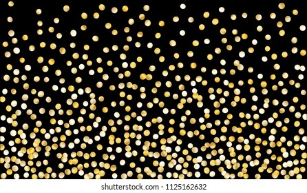 Big Gold Confetti. Festive Texture with Sparkles on Black Background. Dark Luxury Pattern for Christmas and New Year Decoration, Birthday Invitation, Poster or Greeting Card. Vector Gold Confetti.