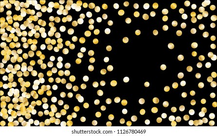 Big Gold Confetti. Festive Texture with Sparkles on Black Background. Dark Luxury Pattern for Christmas and New Year Decoration, Birthday Invitation, Poster or Greeting Card. Vector Gold Confetti.