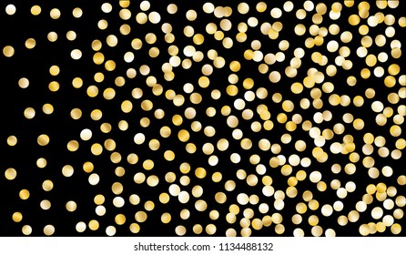 Big Gold Confetti. Festive Texture with Tinsels on Black Background. Dark Luxury Pattern for Christmas and New Year Decoration, Birthday Invitation, Poster or Greeting Card. Vector Gold Confetti.
