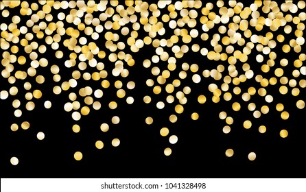 Big Gold Confetti. Texture with Falling Tinsels on Black Background. Dark Luxury Pattern for Christmas and New Year Decoration, Birthday Invitation, Poster or Greeting Card. Vector Gold Confetti.