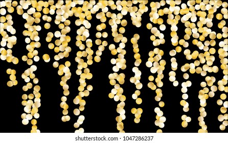 Big Gold Confetti. Texture with Falling Tinsels on Black Background. Dark Luxury Pattern for Christmas and New Year Decoration, Birthday Invitation, Poster or Greeting Card. Vector Gold Confetti.