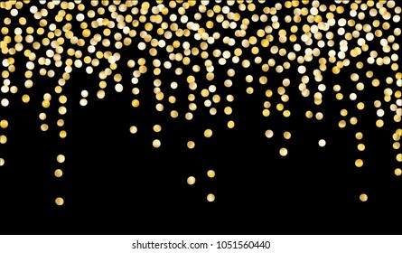 Big Gold Confetti. Texture with Falling Sparkles on Black Background. Dark Luxury Pattern for Christmas and New Year Decoration, Birthday Invitation, Poster or Greeting Card. Vector Gold Confetti.
