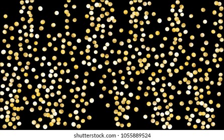 Big Gold Confetti. Texture with Falling Sparkles on Black Background. Dark Luxury Pattern for Christmas and New Year Decoration, Birthday Invitation, Poster or Greeting Card. Vector Gold Confetti.
