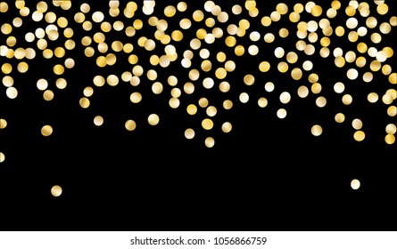 Big Gold Confetti. Texture with Falling Sparkles on Black Background. Dark Luxury Pattern for Christmas and New Year Decoration, Birthday Invitation, Poster or Greeting Card. Vector Gold Confetti.