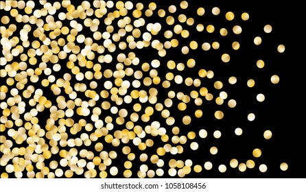 Big Gold Confetti. Texture with Falling Tinsels on Black Background. Dark Luxury Pattern for Christmas and New Year Decoration, Birthday Invitation, Poster or Greeting Card. Vector Gold Confetti.