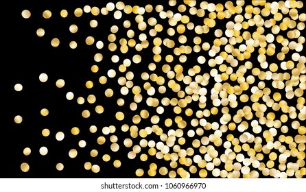 Big Gold Confetti. Texture with Falling Tinsels on Black Background. Dark Luxury Pattern for Christmas and New Year Decoration, Birthday Invitation, Poster or Greeting Card. Vector Gold Confetti.
