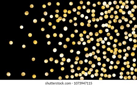 Big Gold Confetti. Texture with Falling Tinsels on Black Background. Dark Luxury Pattern for Christmas and New Year Decoration, Birthday Invitation, Poster or Greeting Card. Vector Gold Confetti.