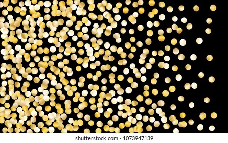 Big Gold Confetti. Texture with Falling Sparkles on Black Background. Dark Luxury Pattern for Christmas and New Year Decoration, Birthday Invitation, Poster or Greeting Card. Vector Gold Confetti.