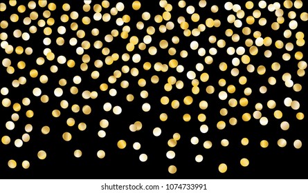 Big Gold Confetti. Texture with Falling Sparkles on Black Background. Dark Luxury Pattern for Christmas and New Year Decoration, Birthday Invitation, Poster or Greeting Card. Vector Gold Confetti.