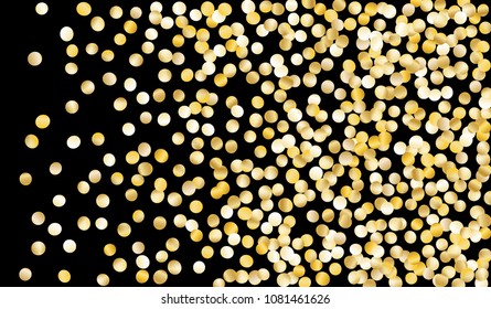 Big Gold Confetti. Texture with Falling Sparkles on Black Background. Dark Luxury Pattern for Christmas and New Year Decoration, Birthday Invitation, Poster or Greeting Card. Vector Gold Confetti.