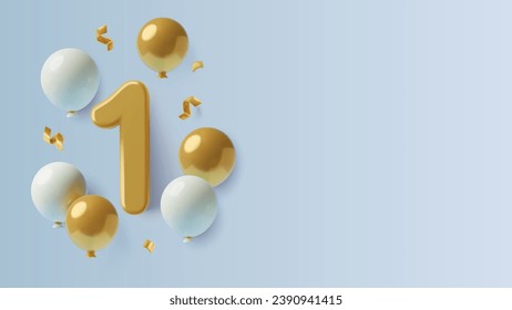 Gran oro número 1 con globos de helio y confeti sobre fondo azul claro. Primer cumpleaños o un año de aniversario 3D fondo realista con espacio de copia. Ilustración vectorial tridimensional.