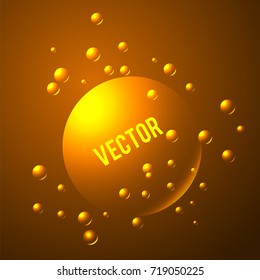 Big gold sphere with many bubbles with shadow on gradient background. Vector illustration banner.