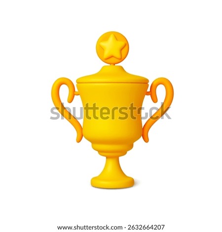 Big gold trophy 3d icon. Realistic golden cup, sport winner award. Isolated rendering object. Insignia, prize for winners, plastic style vector item