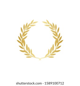 Big gold wreath with many thick leaves, round vintage branch laurel decoration - circle frame for awards banner or certified badge, isolated vector illustration on white background
