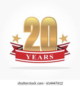 big golden 20th years logo between stars with red ribbon bellow