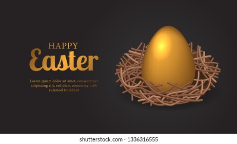 big golden 3D egg decoration for easter party celebration on the nest with black background. Poster, layout banner, ad promotion template. Vector illustration