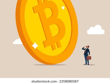 Big golden bitcoin cryptocurrency mining virtual money digital currency. Vector illustration.