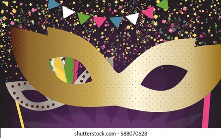 Big golden carnival mask, confetti and garland, vector illustration. Masquerade festive background.