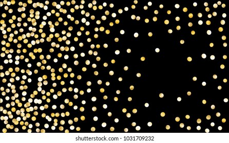 Big Golden Confetti. Festive Texture with Sparkles on Black Background. Dark Luxury Pattern for Christmas and New Year Decoration, Birthday Invitation, Poster or Greeting Card. Vector Gold Confetti.