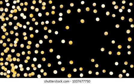 Big Golden Confetti. Festive Texture with Tinsels on Black Background. Dark Luxury Pattern for Christmas and New Year Decoration, Birthday Invitation, Poster or Greeting Card. Vector Gold Confetti.