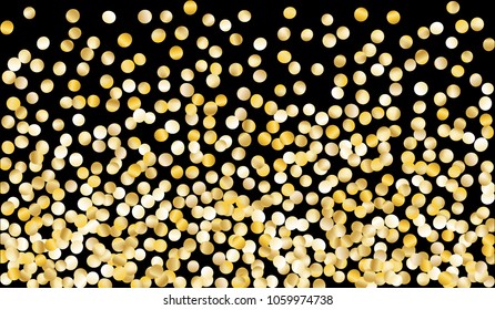 Big Golden Confetti. Festive Texture with Tinsels on Black Background. Dark Luxury Pattern for Christmas and New Year Decoration, Birthday Invitation, Poster or Greeting Card. Vector Gold Confetti.