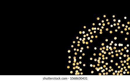 Big Golden Confetti. Festive Texture with Tinsels on Black Background. Dark Luxury Pattern for Christmas and New Year Decoration, Birthday Invitation, Poster or Greeting Card. Vector Gold Confetti.
