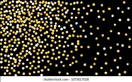 Big Golden Confetti. Festive Texture with Sparkles on Black Background. Dark Luxury Pattern for Christmas and New Year Decoration, Birthday Invitation, Poster or Greeting Card. Vector Gold Confetti.