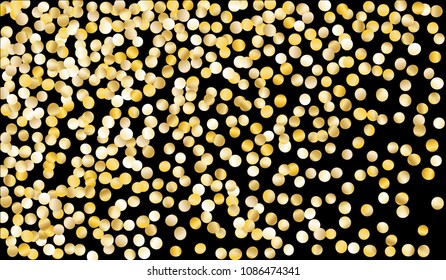 Big Golden Confetti. Festive Texture with Sparkles on Black Background. Dark Luxury Pattern for Christmas and New Year Decoration, Birthday Invitation, Poster or Greeting Card. Vector Gold Confetti.