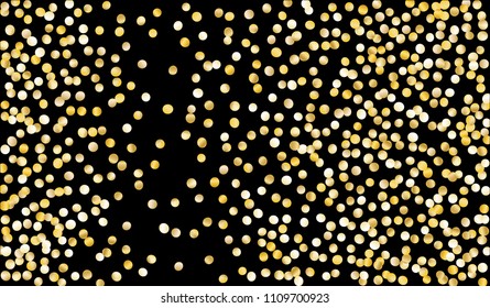 Big Golden Confetti. Festive Texture with Tinsels on Black Background. Dark Luxury Pattern for Christmas and New Year Decoration, Birthday Invitation, Poster or Greeting Card. Vector Gold Confetti.