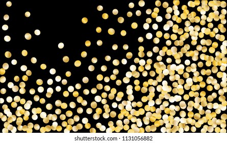 Big Golden Confetti. Festive Texture with Sparkles on Black Background. Dark Luxury Pattern for Christmas and New Year Decoration, Birthday Invitation, Poster or Greeting Card. Vector Gold Confetti.