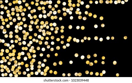 Big Golden Confetti. Texture with Falling Sparkles on Black Background. Dark Luxury Pattern for Christmas and New Year Decoration, Birthday Invitation, Poster or Greeting Card. Vector Gold Confetti.