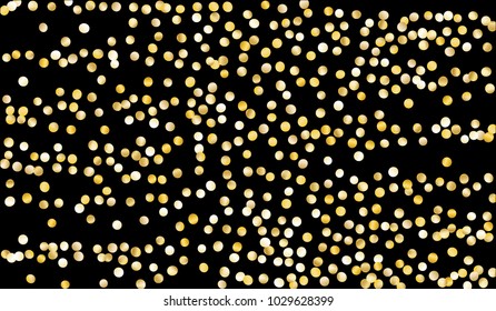 Big Golden Confetti. Texture with Falling Sparkles on Black Background. Dark Luxury Pattern for Christmas and New Year Decoration, Birthday Invitation, Poster or Greeting Card. Vector Gold Confetti.