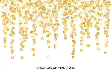Big Golden Confetti. Texture with Falling Tinsels on White Background. Dark Luxury Pattern for Christmas and New Year Decoration, Birthday Invitation, Poster or Greeting Card. Vector Gold Confetti.