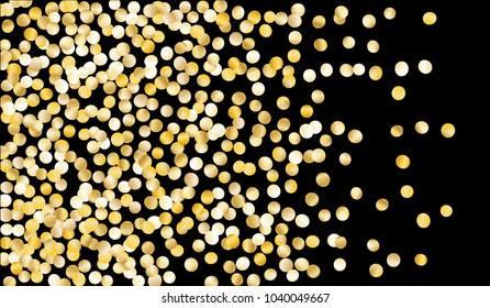 Big Golden Confetti. Texture with Falling Sparkles on Black Background. Dark Luxury Pattern for Christmas and New Year Decoration, Birthday Invitation, Poster or Greeting Card. Vector Gold Confetti.