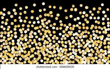 Big Golden Confetti. Texture with Falling Tinsels on Black Background. Dark Luxury Pattern for Christmas and New Year Decoration, Birthday Invitation, Poster or Greeting Card. Vector Gold Confetti.