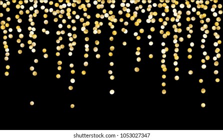 Big Golden Confetti. Texture with Falling Sparkles on Black Background. Dark Luxury Pattern for Christmas and New Year Decoration, Birthday Invitation, Poster or Greeting Card. Vector Gold Confetti.