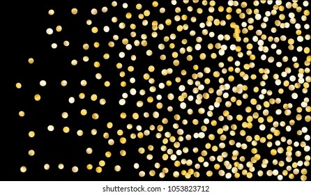 Big Golden Confetti. Texture with Falling Tinsels on Black Background. Dark Luxury Pattern for Christmas and New Year Decoration, Birthday Invitation, Poster or Greeting Card. Vector Gold Confetti.