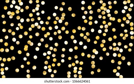 Big Golden Confetti. Texture with Falling Tinsels on Black Background. Dark Luxury Pattern for Christmas and New Year Decoration, Birthday Invitation, Poster or Greeting Card. Vector Gold Confetti.