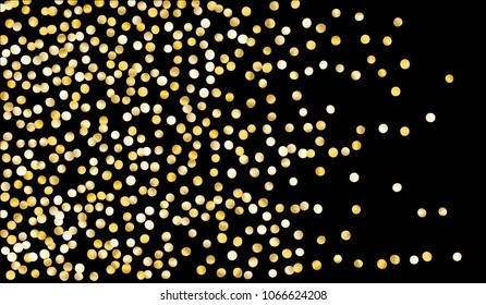 Big Golden Confetti. Texture with Falling Tinsels on Black Background. Dark Luxury Pattern for Christmas and New Year Decoration, Birthday Invitation, Poster or Greeting Card. Vector Gold Confetti.