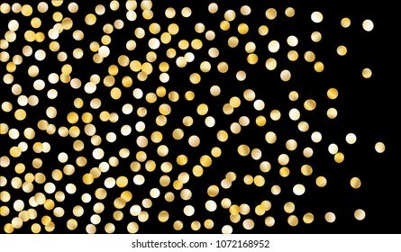 Big Golden Confetti. Texture with Falling Tinsels on Black Background. Dark Luxury Pattern for Christmas and New Year Decoration, Birthday Invitation, Poster or Greeting Card. Vector Gold Confetti.