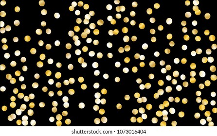 Big Golden Confetti. Texture with Falling Sparkles on Black Background. Dark Luxury Pattern for Christmas and New Year Decoration, Birthday Invitation, Poster or Greeting Card. Vector Gold Confetti.