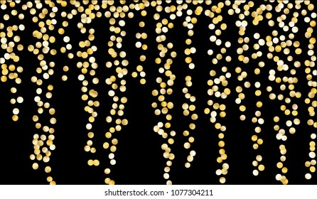 Big Golden Confetti. Texture with Falling Sparkles on Black Background. Dark Luxury Pattern for Christmas and New Year Decoration, Birthday Invitation, Poster or Greeting Card. Vector Gold Confetti.