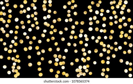 Big Golden Confetti. Texture with Falling Tinsels on Black Background. Dark Luxury Pattern for Christmas and New Year Decoration, Birthday Invitation, Poster or Greeting Card. Vector Gold Confetti.